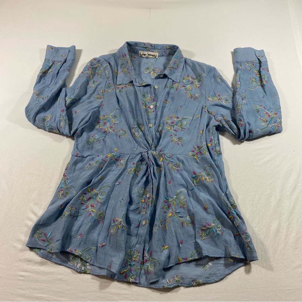 Hope Springs Boho Embroidered Top Button Down Twist Knot Long Sleeve Blouse Top
